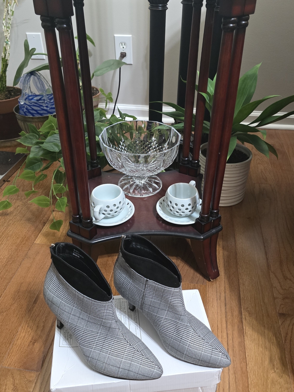 Plaid Pointed Toe Ankle Booties in Gray